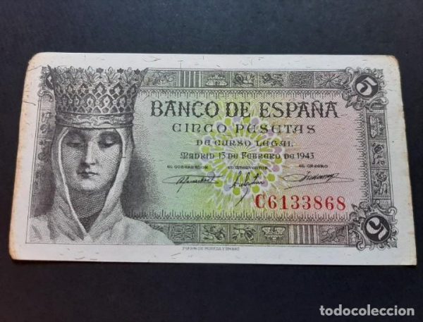 Billete españa 5 pesetas - febrero 1943 Isabel la católica